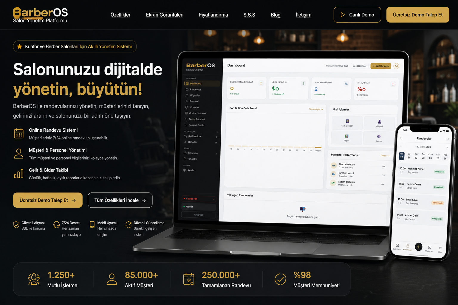 Salon Management SaaS dashboard ekranı